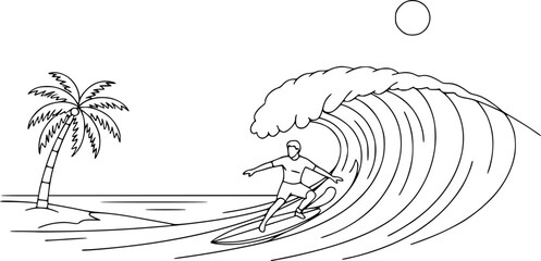 Minimalist Surf and Tropical Beach Line Art - Surfer, Palm Tree and Wave Summer Vector