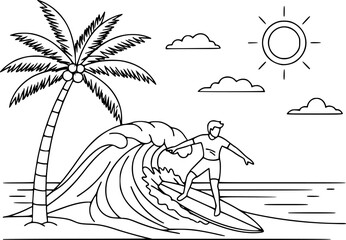 Minimalist Surf and Tropical Beach Line Art - Surfer, Palm Tree and Wave Summer Vector