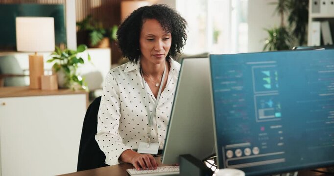 Developer, code and woman with computer screen in office for web development, review or algorithm. Reading, person and software programmer in workplace for problem solving, AI project or research