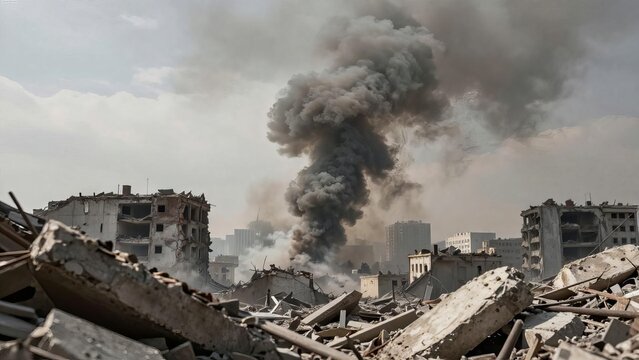 Destruction, devastation and ruins in a war zone depicting urban warfare with damaged buildings releasing thick smoke into the atmosphere. Conflict, crisis and emergency situation showing aftermath
