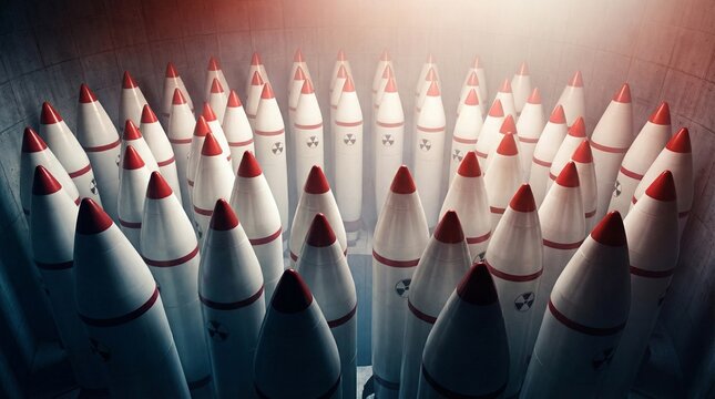 A large collection of white and red-tipped missiles, possibly nuclear warheads, arranged in rows with dramatic lighting.