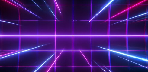 Obraz premium Abstract futuristic background in a cyberspace grid with neon glowing lines blue and purple spectrum, a digital data network, concept of speed, data flow, light trail