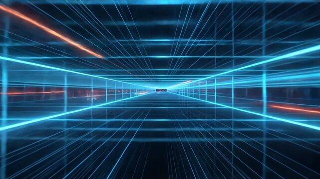 Blue neon data grid tunnel with red data beams speeding along rails, flickering code in the background, a fast forward futuristic tech visualization