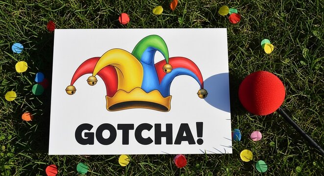 Gotcha April Fools Day Sign with Jester Hat Red Nose and Colorful Eggs on Grass