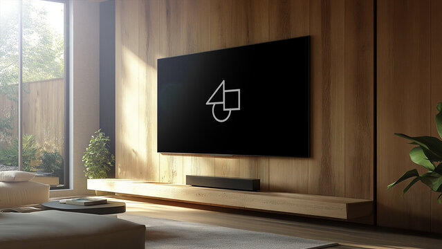 Home Wooden Interior TV Mockup 5 &ndash; Modern Living Room Television Screen Display, Cozy Wood Texture Design, Realistic Smart TV Branding Presentation Template