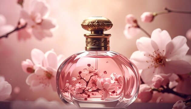 Elegant perfume bottle adorned with delicate cherry blossoms, capturing the essence of spring and feminine beauty, a luxurious floral fragrance for a graceful touch and sophisticated charm