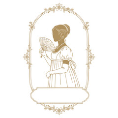 Naklejka na ściany i meble Elegant regency era woman silhouette with a fan in floral arch frame, vintage victorian style design with decorative label