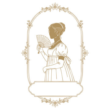 Elegant regency era woman silhouette with a fan in floral arch frame, vintage victorian style design with decorative label