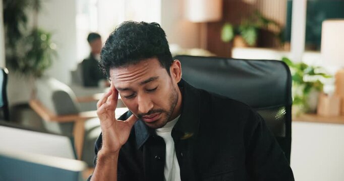 Stress, headache and businessman in office with burnout, fatigue or frustration for coding project. Eye strain, mistake and male web developer with migraine for programming error in workplace.