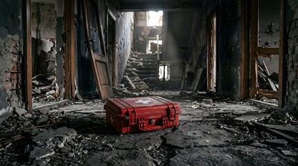 Fototapeta premium Dramatic scene of a red first aid kit left in an abandoned, ruined building, evoking themes of emergency, survival, and disaster preparedness with dark, moody lighting.