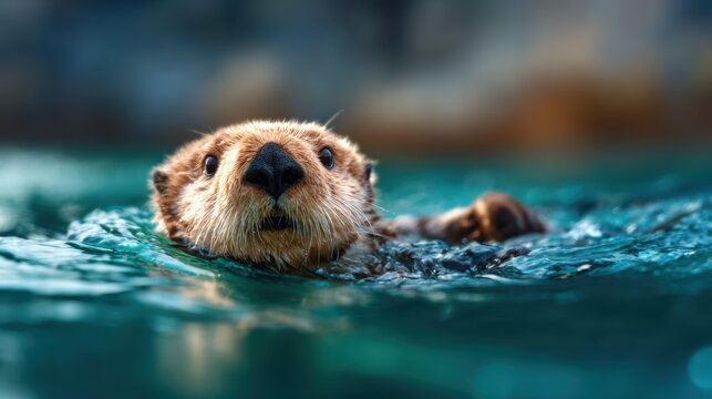 A charming sea otter floats gracefully on the surface, showcasing its sleek fur and inquisitive expression against a backdrop of tranquil blue water.