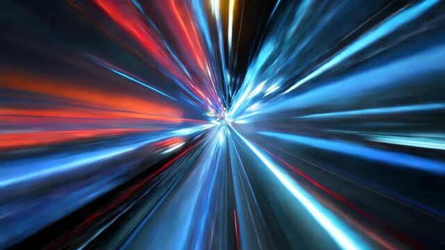 Science fiction light tunnel with blue beams red beams white beams radiating from a bright center fast moving toward the viewer creating a warp speed visual