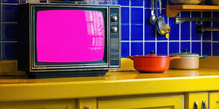 Vintage television sits upon yellow counter. Blue tiles backdrop kitchen scene. Pots add color, warmth. Dark surroundings emphasize bright hues.