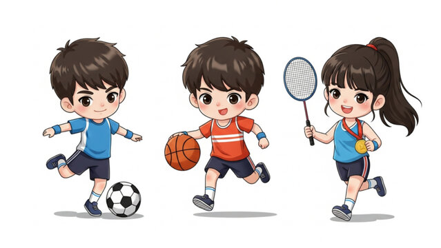 Ilustrasi Anak Bermain Olahraga: Sepak Bola, Bola Basket, Bulutangkis