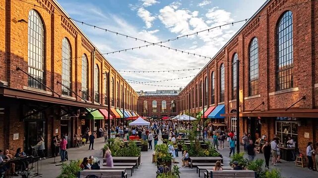 Lively outdoor shopping street with people strolling between renovated brick buildings and market stalls under string lights on a sunny day.