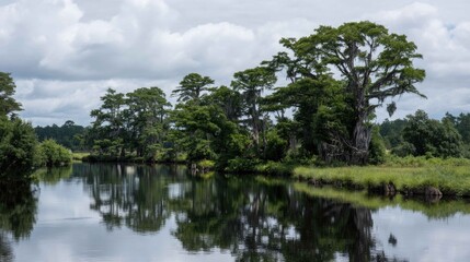 Serene River Landscape Surrounded by Lush Greenery and Trees