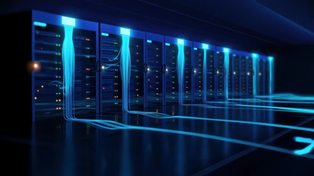 futuristic data center with glowing blue cables flowing between rows of server racks and neon light trails on the floor