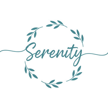 Minimalist Serenity typography design featuring an elegant script font enclosed in a delicate leafy green wreath for wellness branding meditation studio logo and peaceful lifestyle aesthetic graphic
