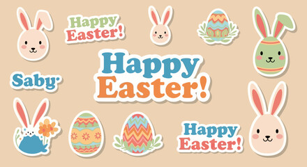 Colorful Easter stickers featuring rabbits and eggs arranged together in a festive design