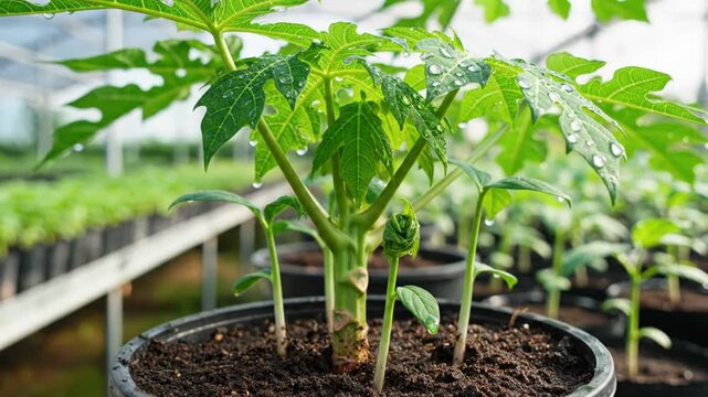 Close-up of a Young Papaya Plant in a Greenhouse with Water Droplets on Its Leaves