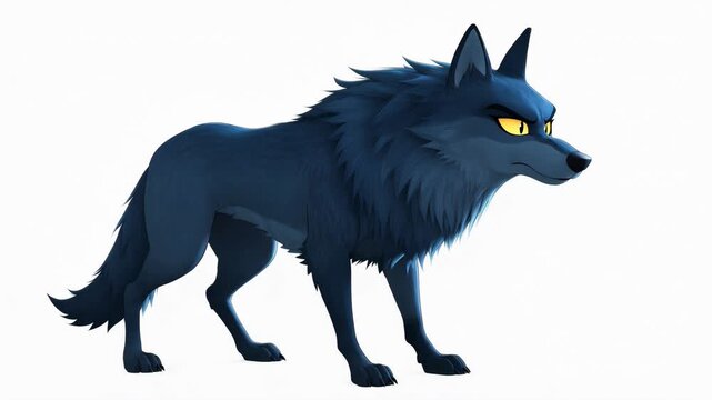 Animated dark blue wolf standing isolated on white background cartoonish style character design for children story