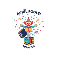 A colorful illustration of a jack-in-the-box clown popping out with confetti and streamers, celebrating April Fools' Day with the words "APRIL FOOLS!" and "SURPRISE!".