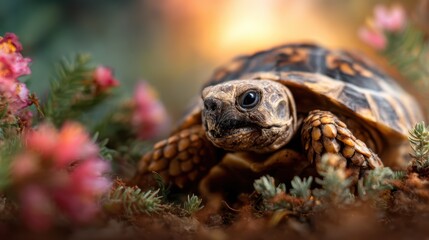 Fototapeta premium A captivating tortoise crawls through a vibrant floral garden, showcasing its unique shell patterns and the beauty of nature surrounding it in a soft and warm light.