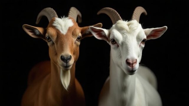 Pair of goats standing together on dark background