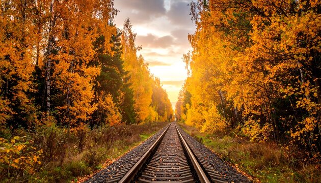 Scenic train tracks disappear into sunlit distance amidst vibrant fall foliage and towering trees