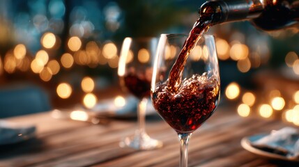 Fototapeta premium This image captures a glass of red wine being poured, with blurred festive lights creating an enchanting atmosphere for a social gathering or romantic dinner setting.
