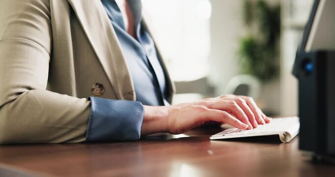 Hands, woman and computer for programming in office with research, software manual and coding. Female person, typing and troubleshooting server with pc login, website maintenance and debugging system