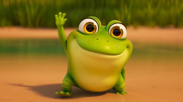 Animated green frog waving with large eyes and cartoon style in a natural setting