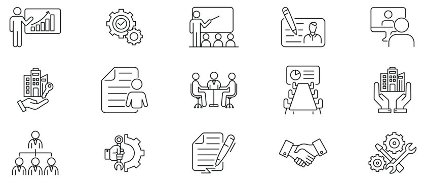 Management web line icon vector set. Business management icon vector. Property, smart grid, leadership, growth, finance, communication, expense, finance, saving, income and more. Vector illustration.
