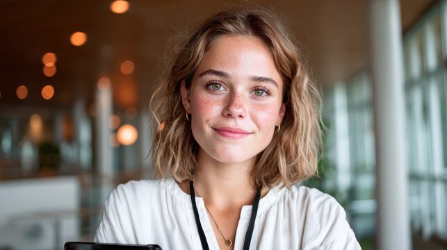 This vibrant image of a smiling woman with beautiful freckles against a bright background captures her youthful energy, confidence, and natural charm in an inviting atmosphere.
