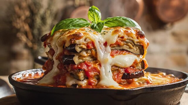 Delicious eggplant parmesan with melting cheese and fresh basil
