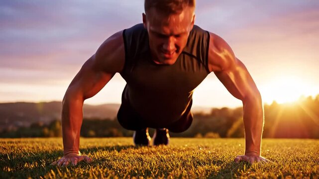 Muscular man doing pushups outdoors at sunrise with sweat glistening on his skin in a field of grass with a warm golden sun flare.