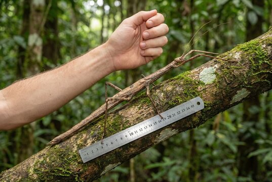 Giant Stick Insect Measured with Ruler on Forest Branch