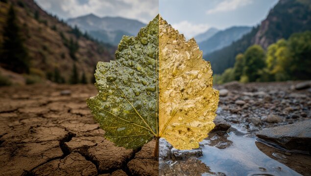Split-screen visual dry, cracked earth on left; lush, watery scene with a leaf in the center