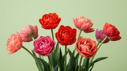 Fototapeta premium Vibrant red and pink double tulips bouquet on a green background