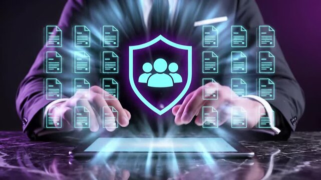 Businessman works on tablet with holographic shield and group surrounded by digital documents. Personal data protection and gdpr compliance . Secure user information management system.