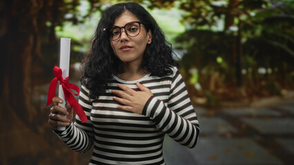 Young brunette woman wearing glasses holding diploma scroll tied with red ribbon, hand on chest in...