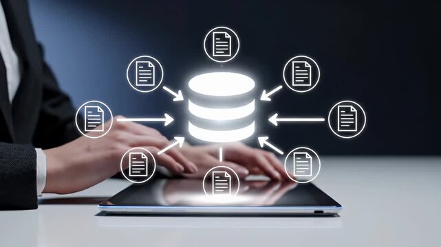 Professional at laptop interacts with holographic database surrounded by document icons.  centralized data storage, management, and digital information integration in  enterprise.