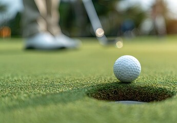 Obraz premium Close-up of a golf ball near the hole on green, player about to swing, blurred background