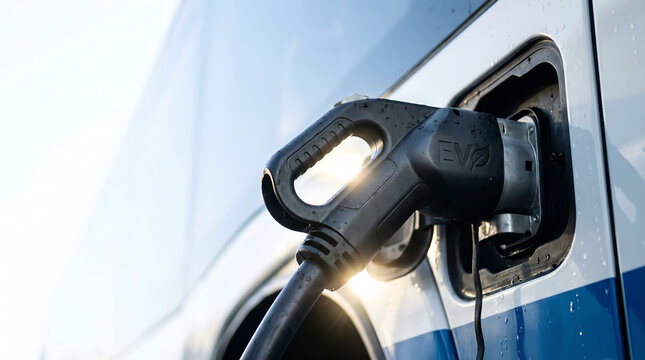 Close-up of black EV charging plug connected to electric vehicle&rsquo;s port with water droplets, bright clear sky in soft out-of-focus backdrop