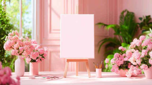 Blank Wedding Welcome Sign on Easel with Elegant Floral Decor Mockup
