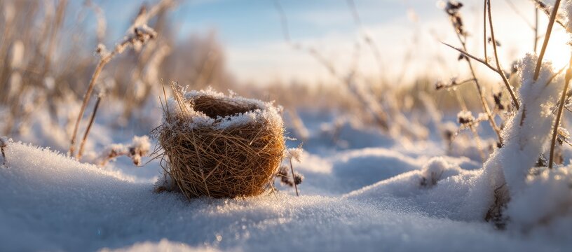 A solitary, empty bird's nest rests on snow-covered ground in winter sunlight