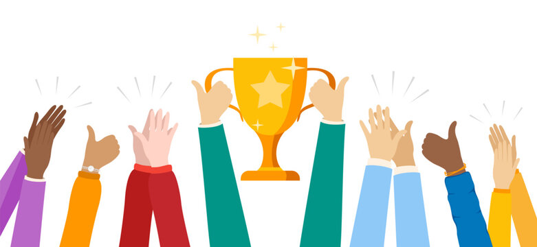 Hands holding gold award trophy and clapping different people. Vector horizontal border. Isolated decoration element.