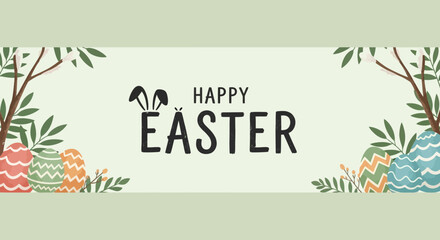 Obraz premium Festive Easter greeting card with decorated eggs and branches in a serene environment