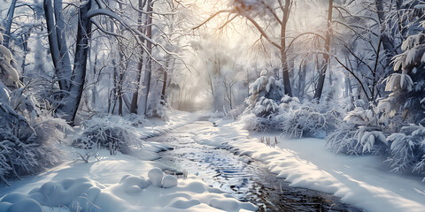 Fototapeta premium Snow-Covered Forest with Sunlit Winding Stream