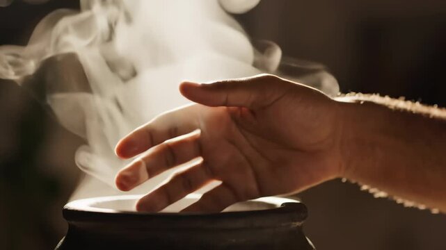 In a mystical space, hands gracefully move above a bubbling cauldron, sending wisps of steam spiraling upward, creating an atmosphere filled with enchantment and creativity.